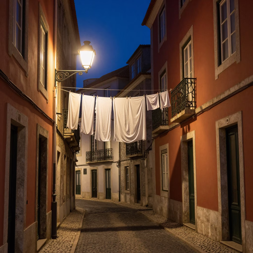Midnight Lisbon Street Scene with Hanging Laundry and Terracotta Pots in in Lisbon, Portugal