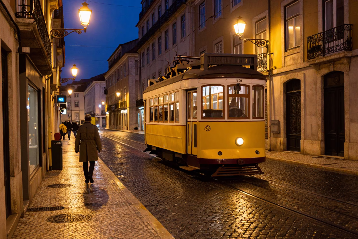 Midnight Lisbon Street Scene with Heritage Tram and Cobblestone Avenue in in Lisbon, Portugal