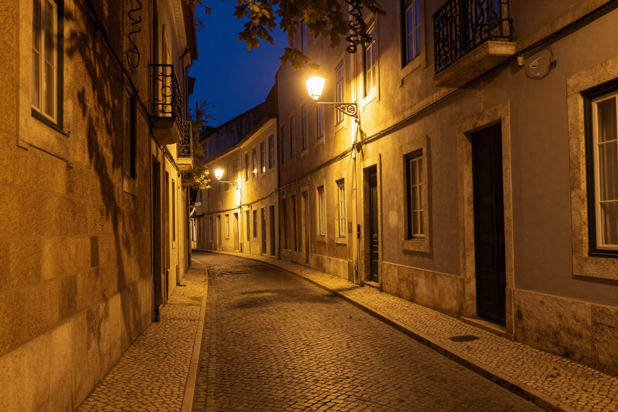 Midnight Lisbon Street Scene with Leaf Shadows and Corkscrew on Historic Cobblestone in in Lisbon, Portugal