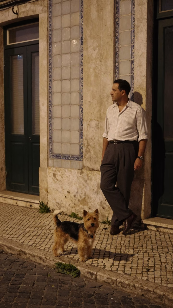 Midnight Lisbon Street Scene with Norfolk Terrier and Local Architectural Details in in Lisbon, Portugal