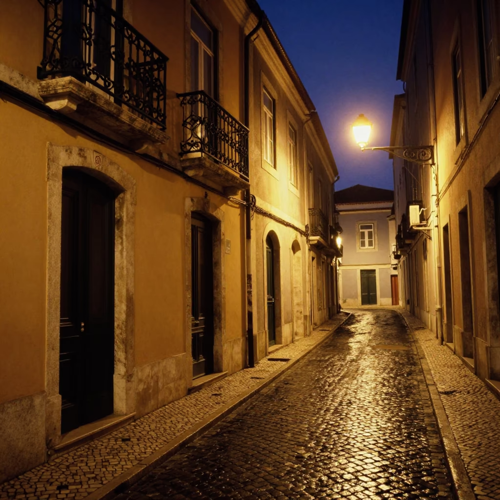 Midnight Lisbon Street Scene with Polished Brass and Glass Pitcher in Traditional Alley in in Lisbon, Portugal