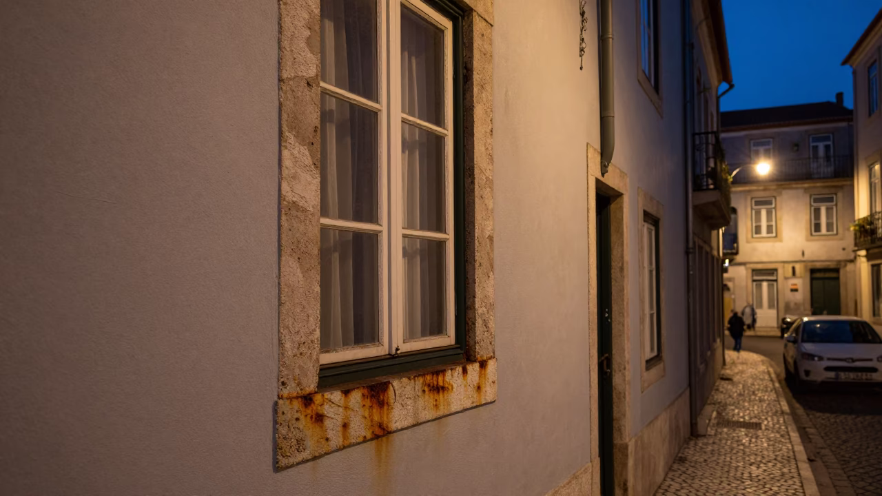 Midnight Lisbon Street Scene with Rusty Window Sill and City Lights in in Lisbon, Portugal