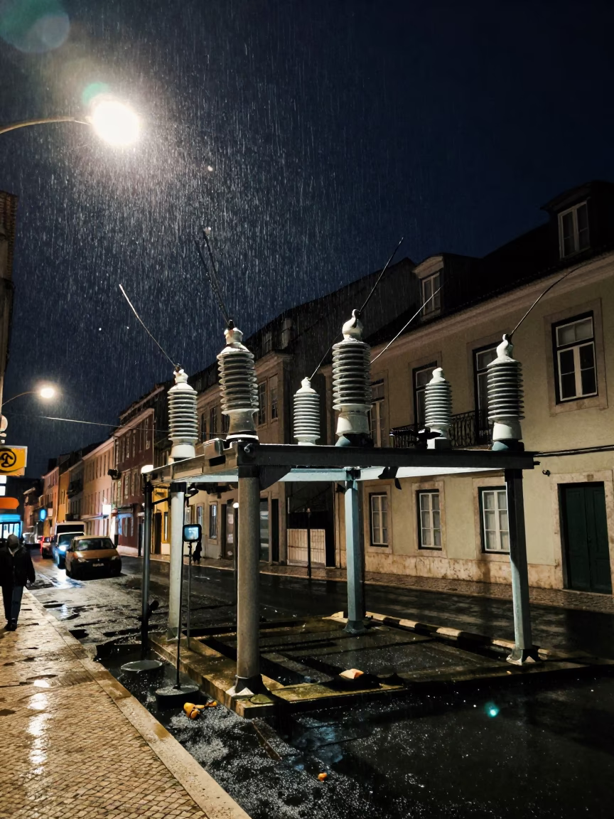 Midnight Lisbon Street Scene with Substation Insulators Sparkling Under Floodlights in in Lisbon, Portugal