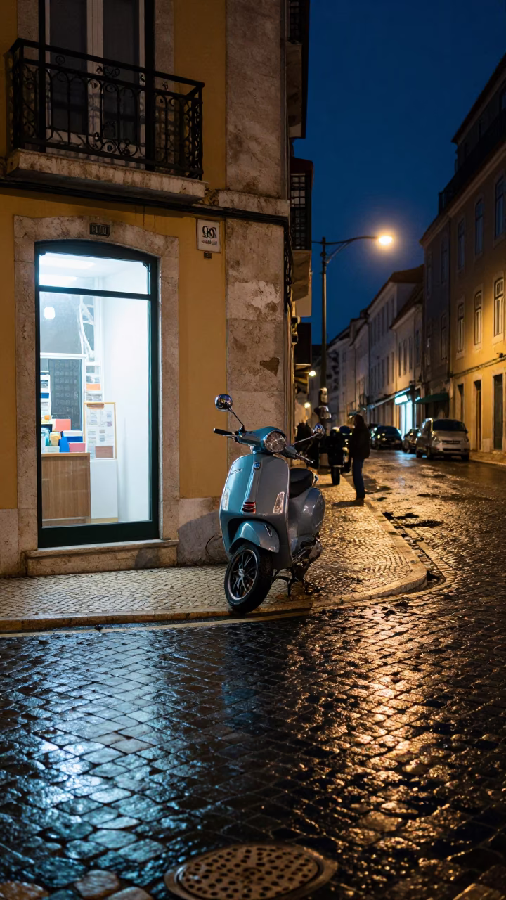 Midnight Lisbon Street Scene with Vespa Reflection and Urban Atmosphere in in Lisbon, Portugal