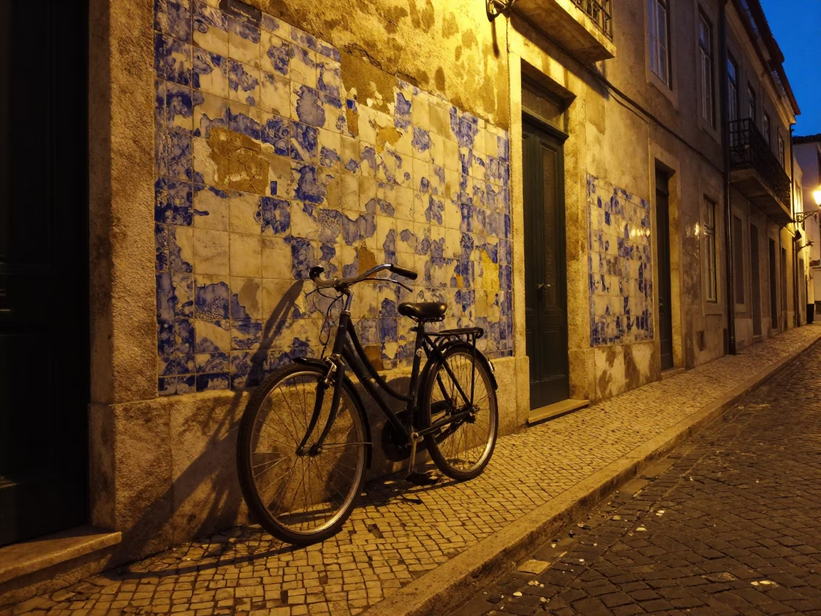 Midnight Lisbon Street Scene with Vintage Bicycle and Lantern Light in in Lisbon, Portugal