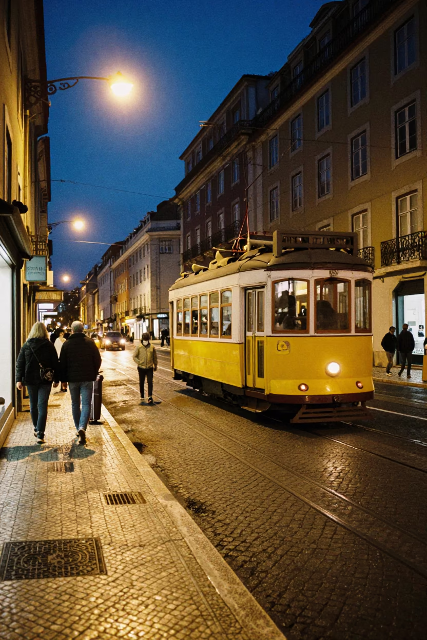 Midnight Lisbon Street Scene with Yellow Tram and Traditional Azulejo Tiles in in Lisbon, Portugal