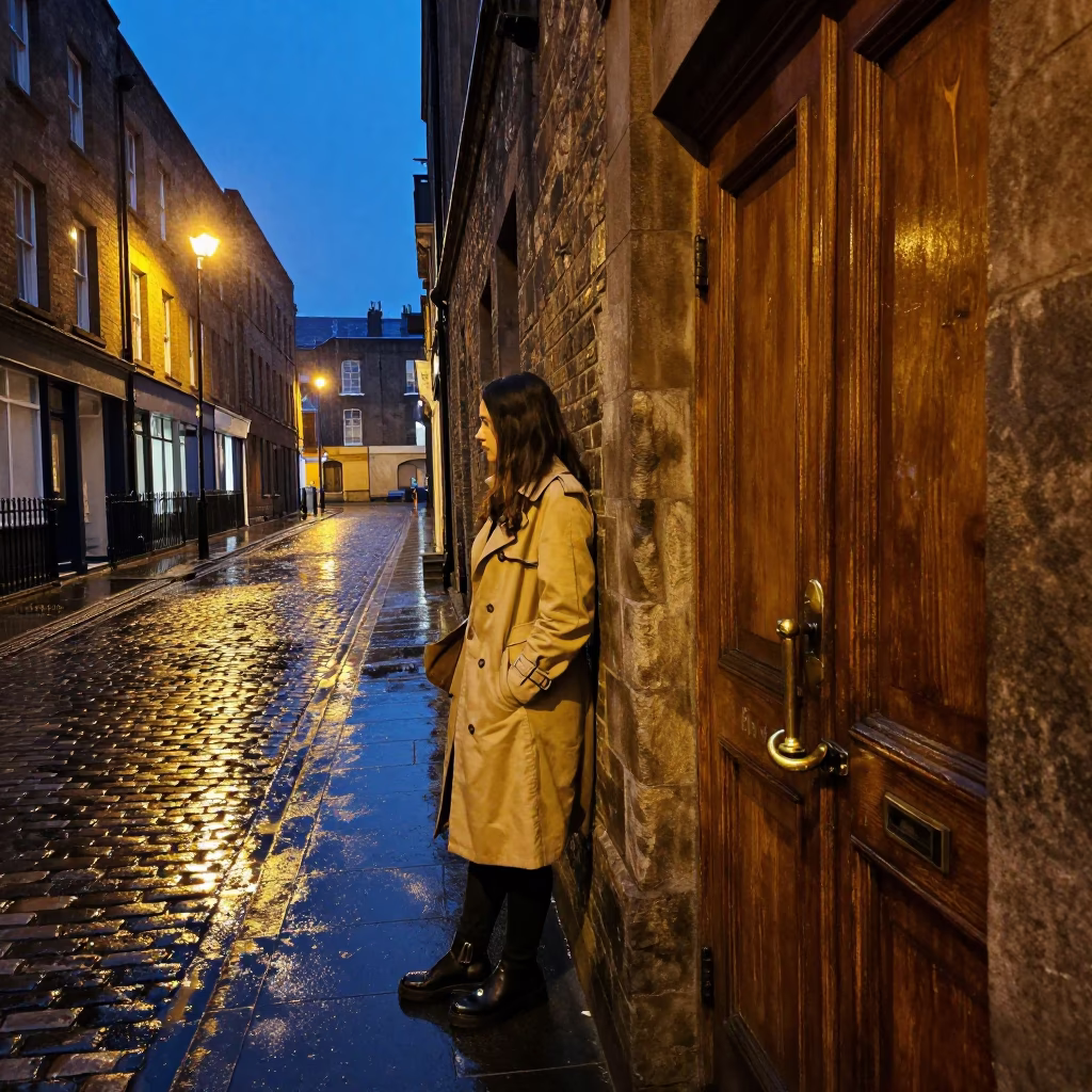 Midnight Liverpool Street Scene with Brass Handle and Heirloom Key in Rain in in Liverpool, United Kingdom