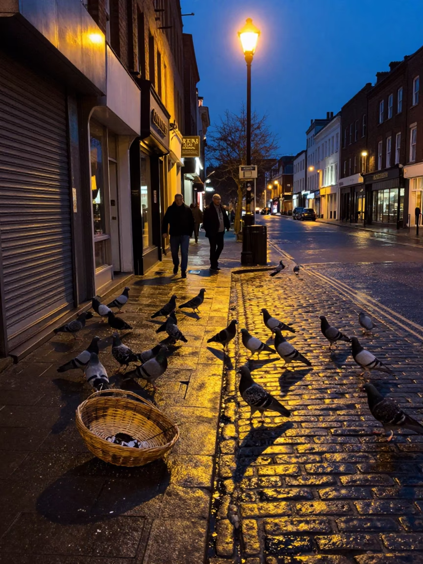 Midnight Liverpool Street Scene with Pigeons and Basket Tray in in Liverpool, United Kingdom