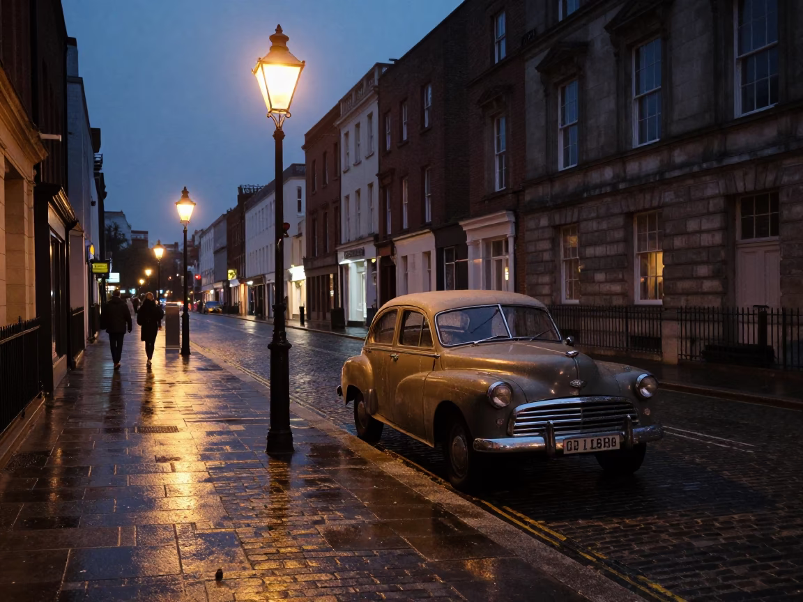 Midnight Liverpool Street Scene with Vintage Cars and Gas Lamp Illumination in in Liverpool, United Kingdom