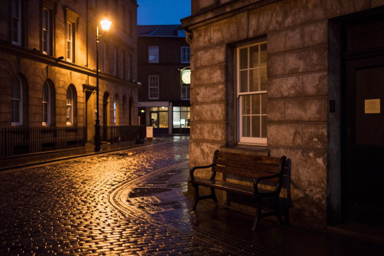 Midnight Liverpool Street Scene with Vintage Clockmaker's Bench and Gears in in Liverpool, United Kingdom