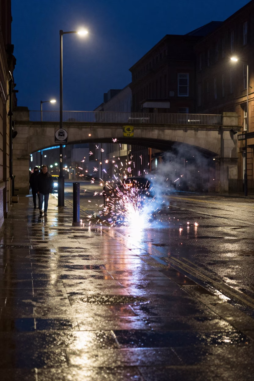 Midnight Liverpool Street Scene with Welding Sparks Beneath Bridge Construction Platform in in Liverpool, United Kingdom