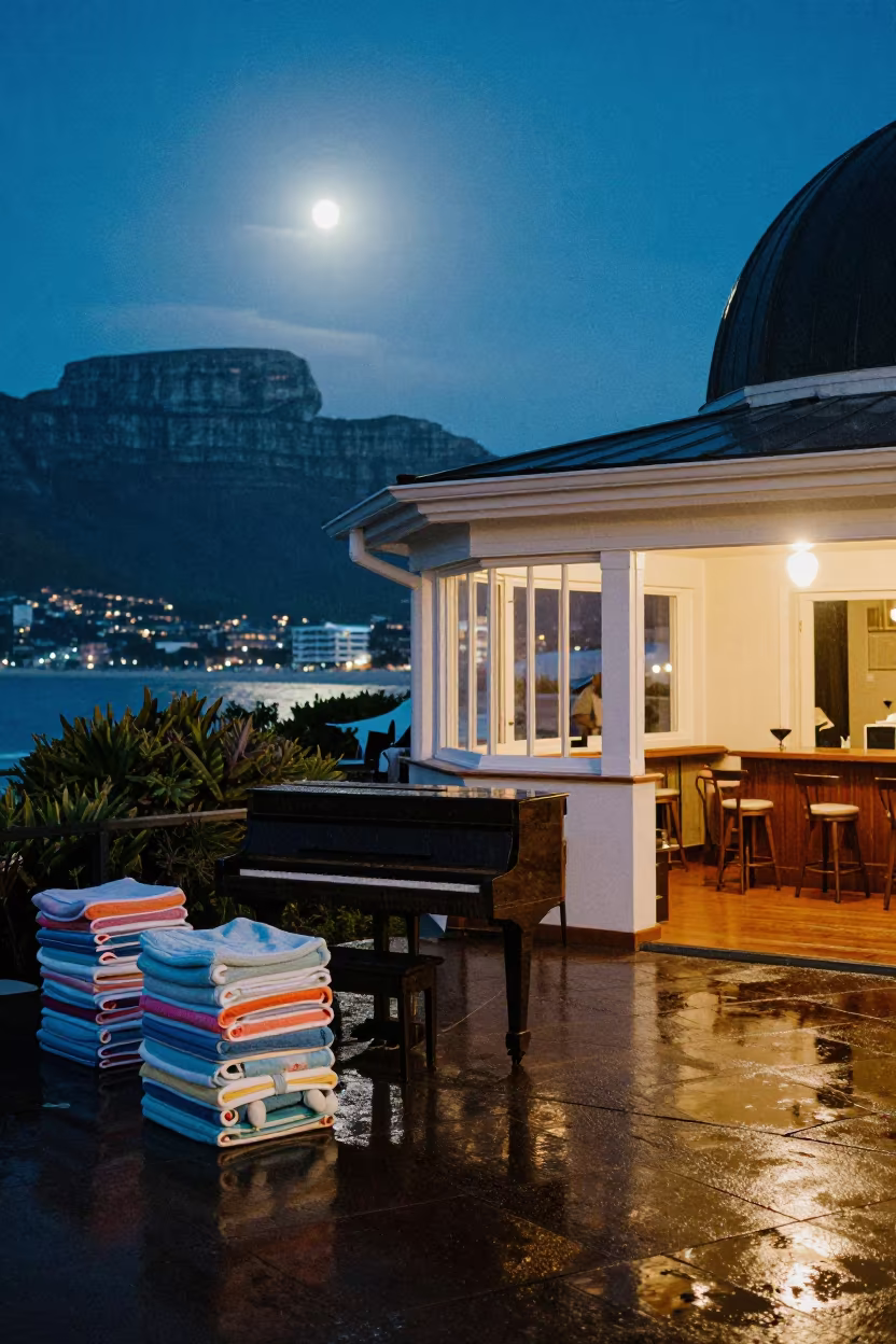Midnight Lobby Piano Corner with Towels in along a beachfront cabana row near Observatory, Cape Town