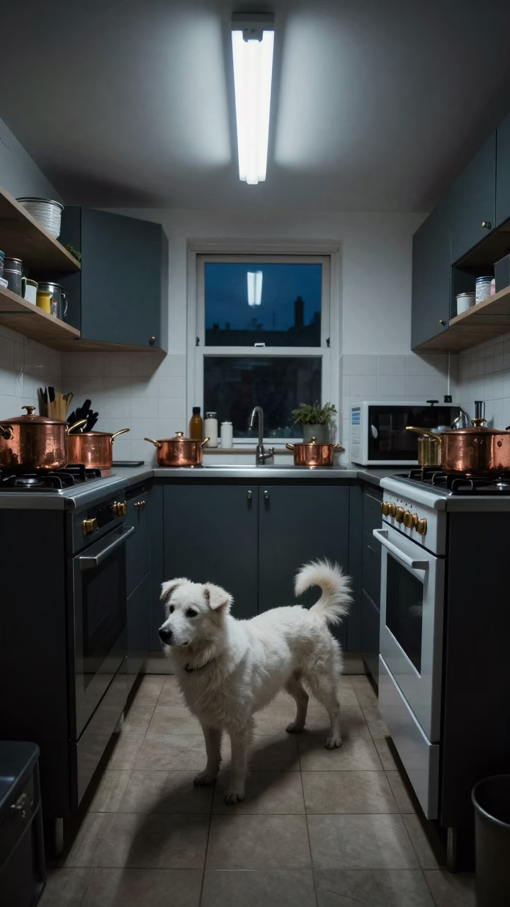 Midnight London Kitchen Scene with Copper Pots and White Dog in in London, United Kingdom