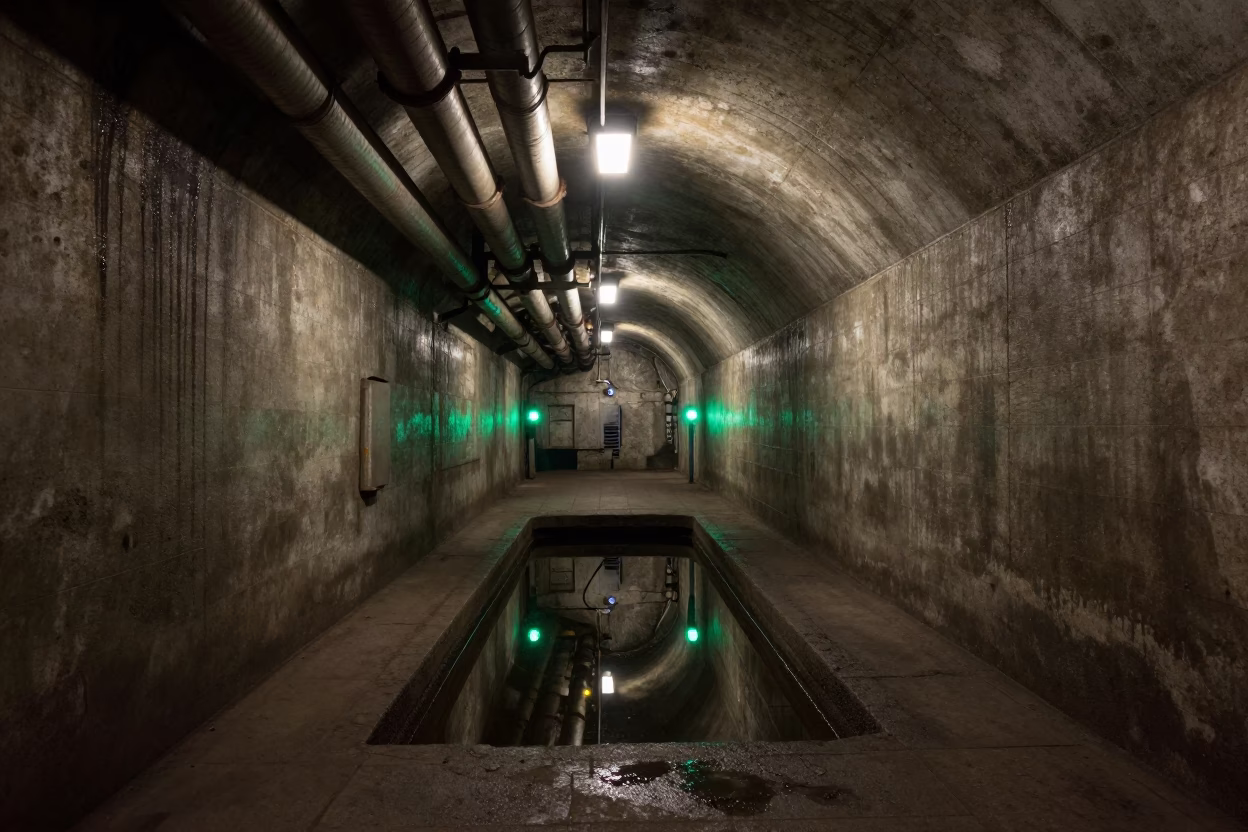 Midnight London Service Tunnel Sump Reflecting Blinking Indicators and Grease Sheen in in London, United Kingdom