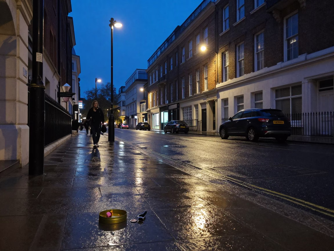 Midnight London Street Scene with Biscuit Tin and Sewing Tool in in London, United Kingdom