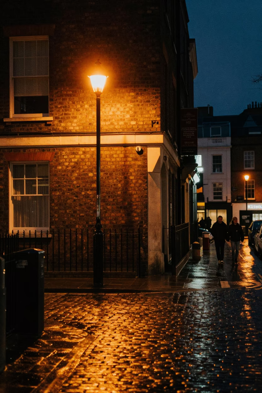 Midnight London Street Scene with Brickwork and Night Lights in in London, United Kingdom