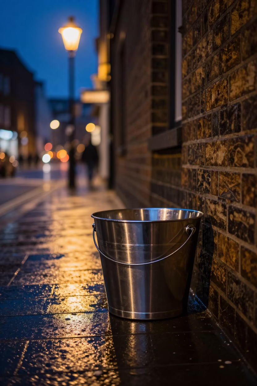 Midnight London Street Scene with Brushed Steel Bucket and Window Light on Drain in in London, United Kingdom