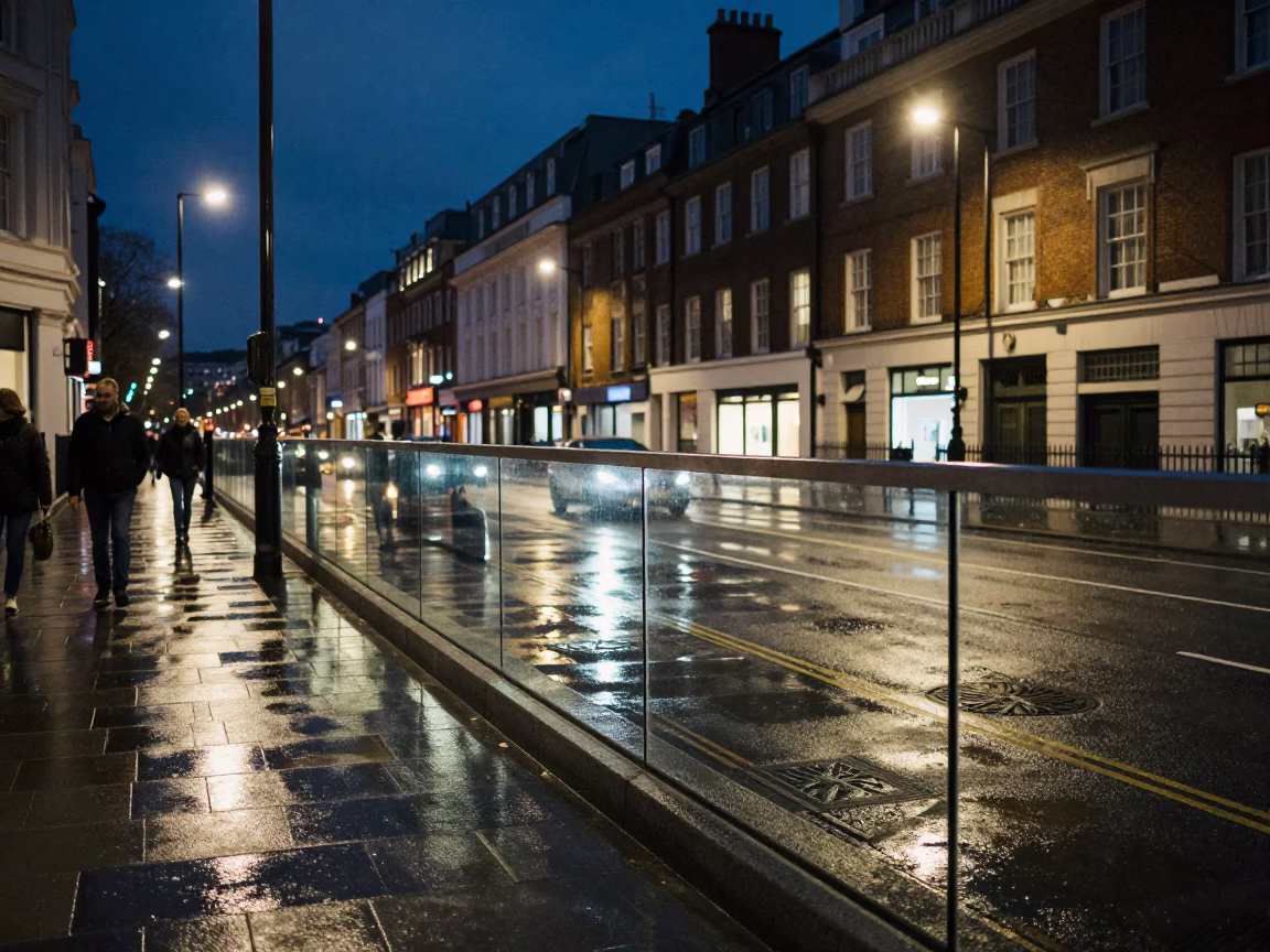 Midnight London Street Scene with Clear Glass Rail and Bottle on Urban Pavement in in London, United Kingdom