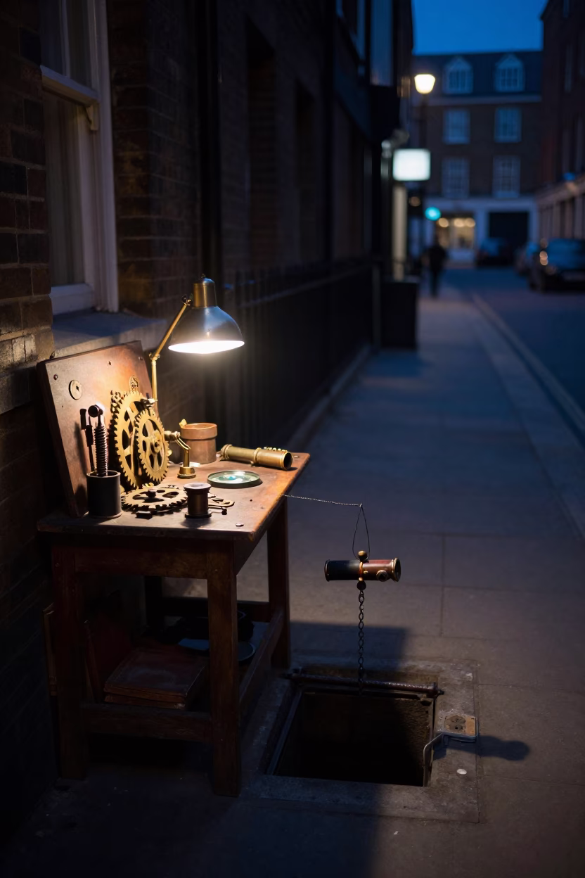 Midnight London Street Scene with Clockmaker Bench and Telescope in Urban Alley in in London, United Kingdom