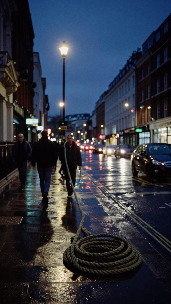 Midnight London Street Scene with Coiled Rope and Glass Latch Detail in in London, United Kingdom