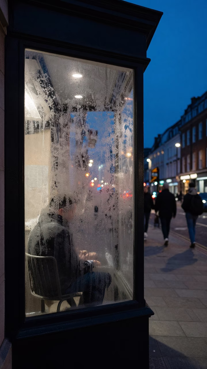 Midnight London Street Scene with Condensation on Glass and Urban Details in in London, United Kingdom