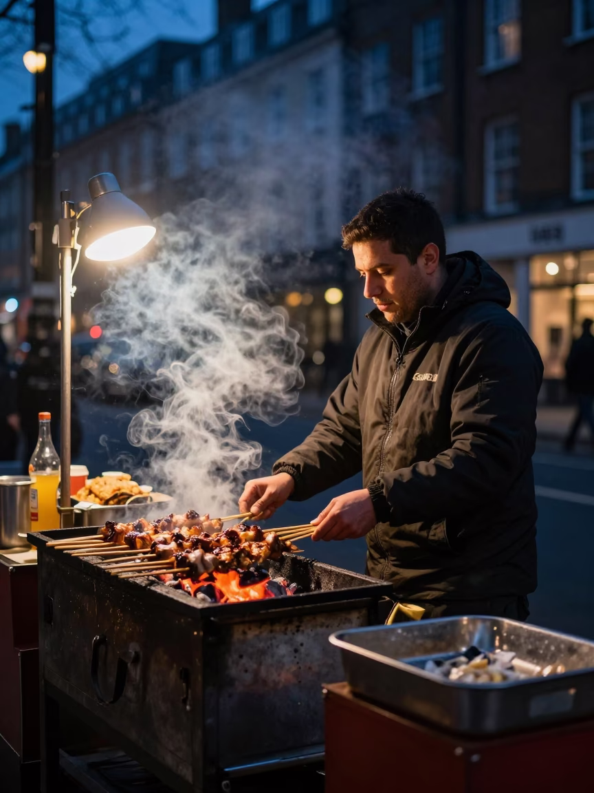 Midnight London Street Scene with Grilled Kebab Vendor and Heritage Brick Architecture in in London, United Kingdom