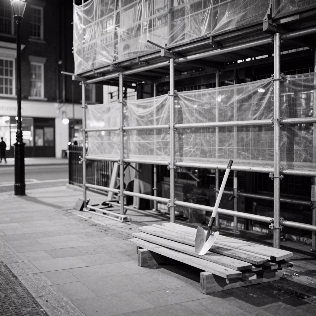 Midnight London Street Scene with Mason's Tools and Vintage Urban Atmosphere in in London, United Kingdom