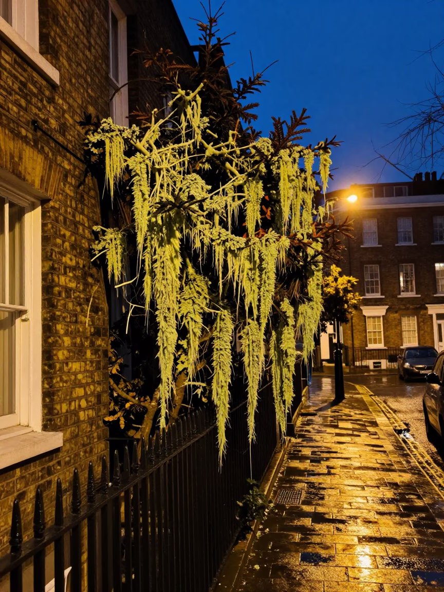 Midnight London Street Scene with Old Man's Beard Lichen and Coal Scuttle in in London, United Kingdom