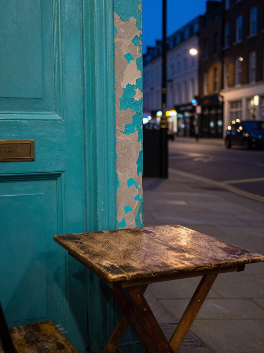 Midnight London Street Scene with Peeling Turquoise Paint and Scratched Wooden Table in in London, United Kingdom