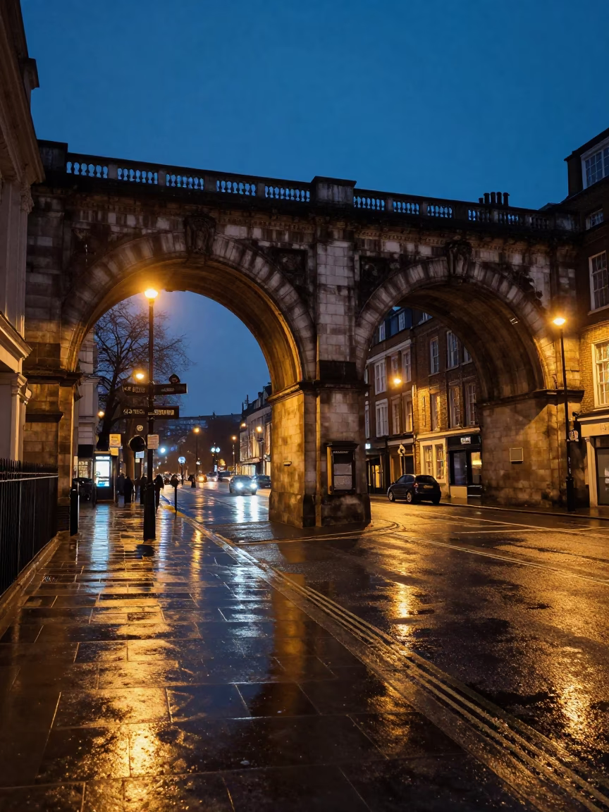 Midnight London Street Scene with Railway Viaduct Arches and Blinking Service Tunnel Indicators in in London, United Kingdom