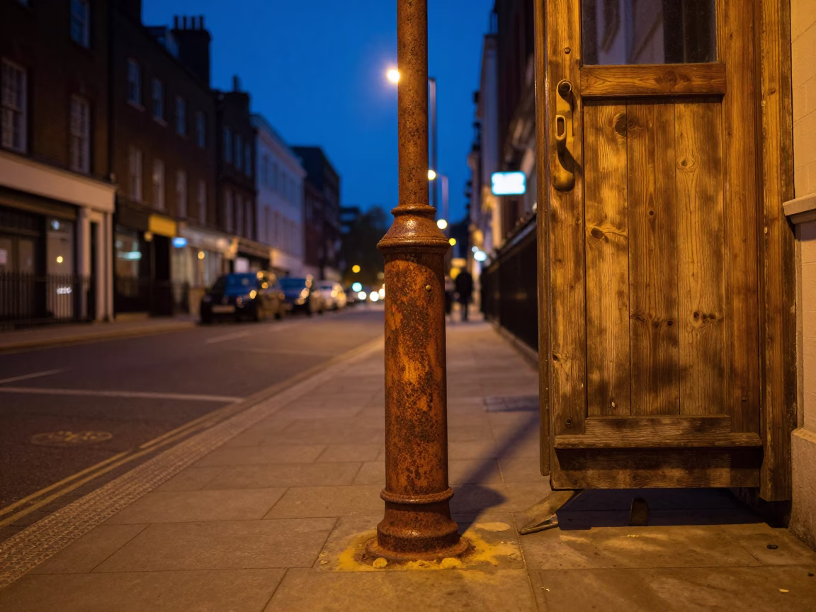 Midnight London Street Scene with Rusty Lamp and Wooden Board in in London, United Kingdom