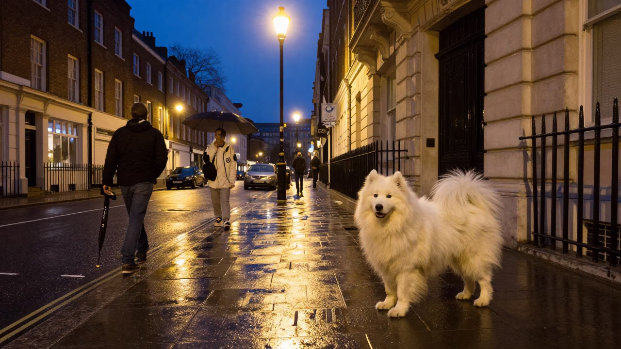 Midnight London Street Scene with Samoyed Dog and Umbrella Near Brick Wall in in London, United Kingdom