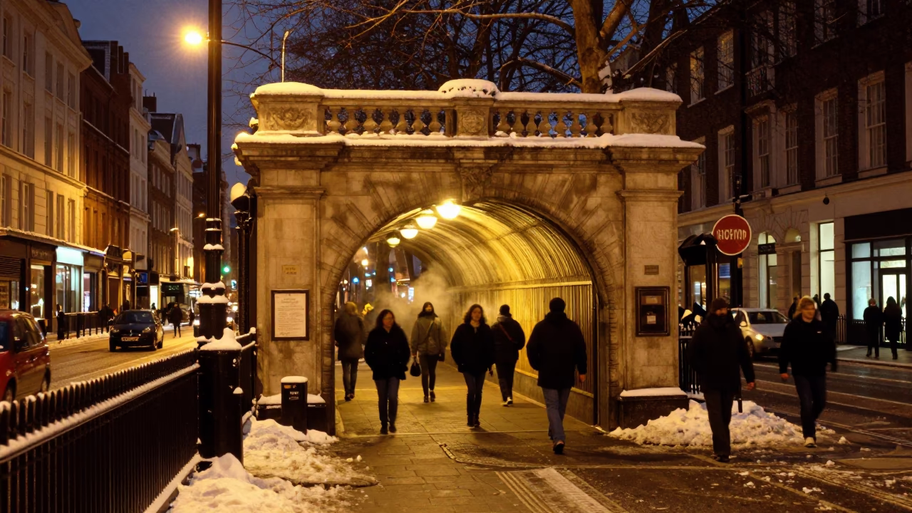 Midnight London Street Scene with Sodium Lamp Tunnel Portal and Urban Life in in London, United Kingdom