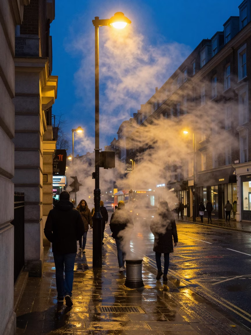 Midnight London Street Scene with Steam Haze and Urban Details in in London, United Kingdom