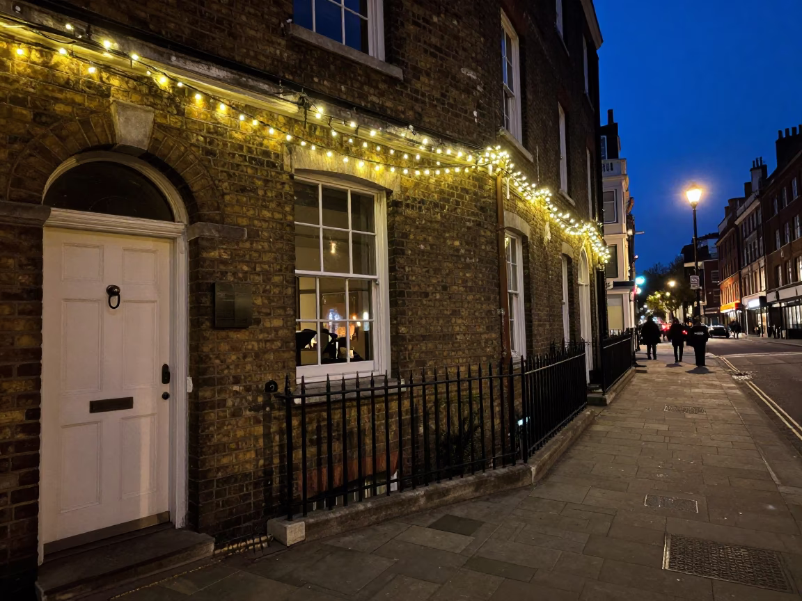Midnight London street scene with string lights and doorknob detail in in London, United Kingdom