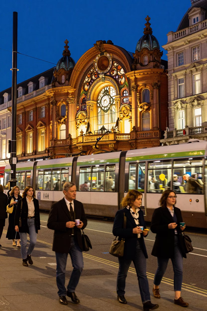 Midnight London Street Scene with Tram and Art Nouveau Facades in United Kingdom in in London, United Kingdom