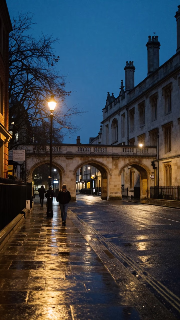 Midnight London Street Scene with University Cloister Crossing Wet Flagstones After Rain in in London, United Kingdom