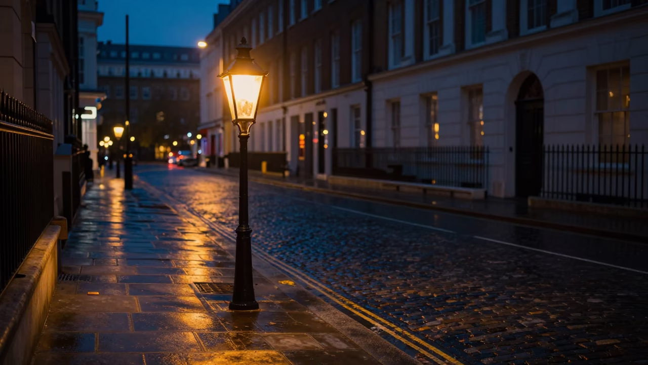 Midnight London Street Scene with Vintage Desk Lamp and Leather Basketball in in London, United Kingdom