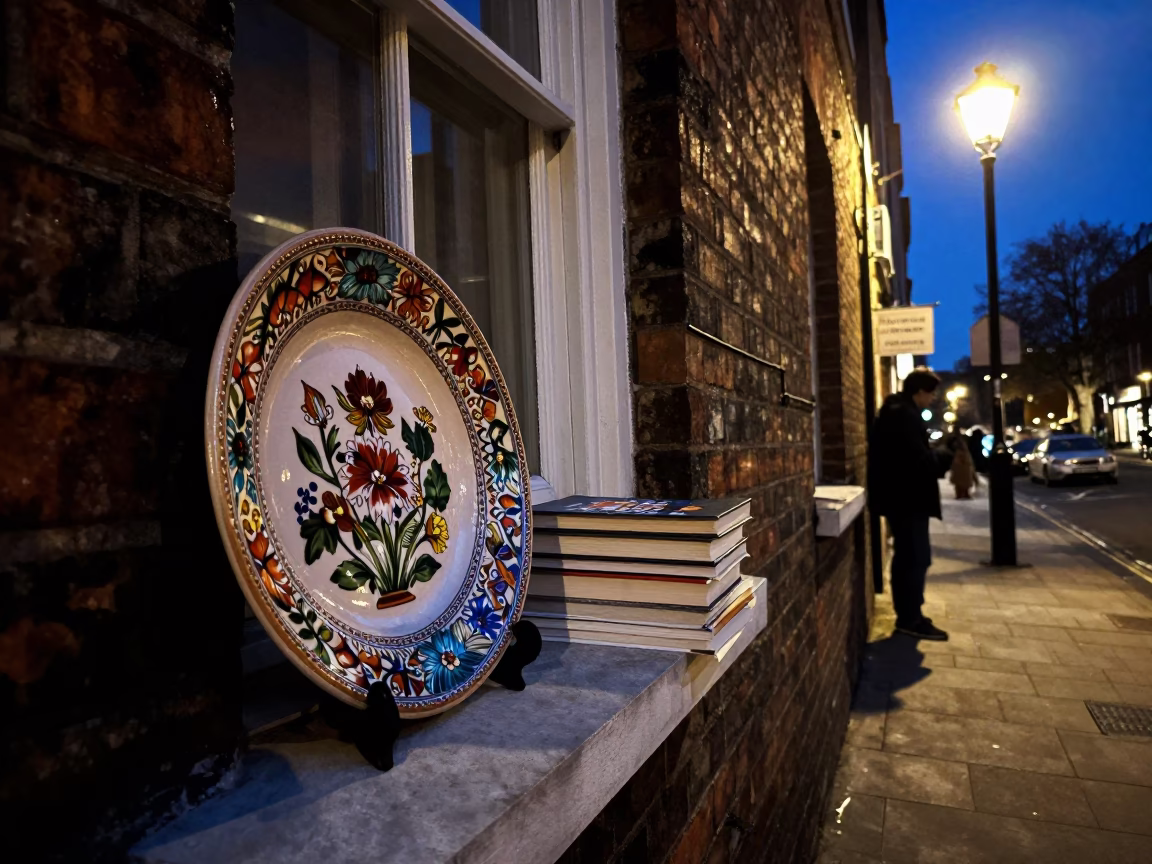 Midnight London Street Scene with Vintage Majolica Plate and Paperbacks in in London, United Kingdom