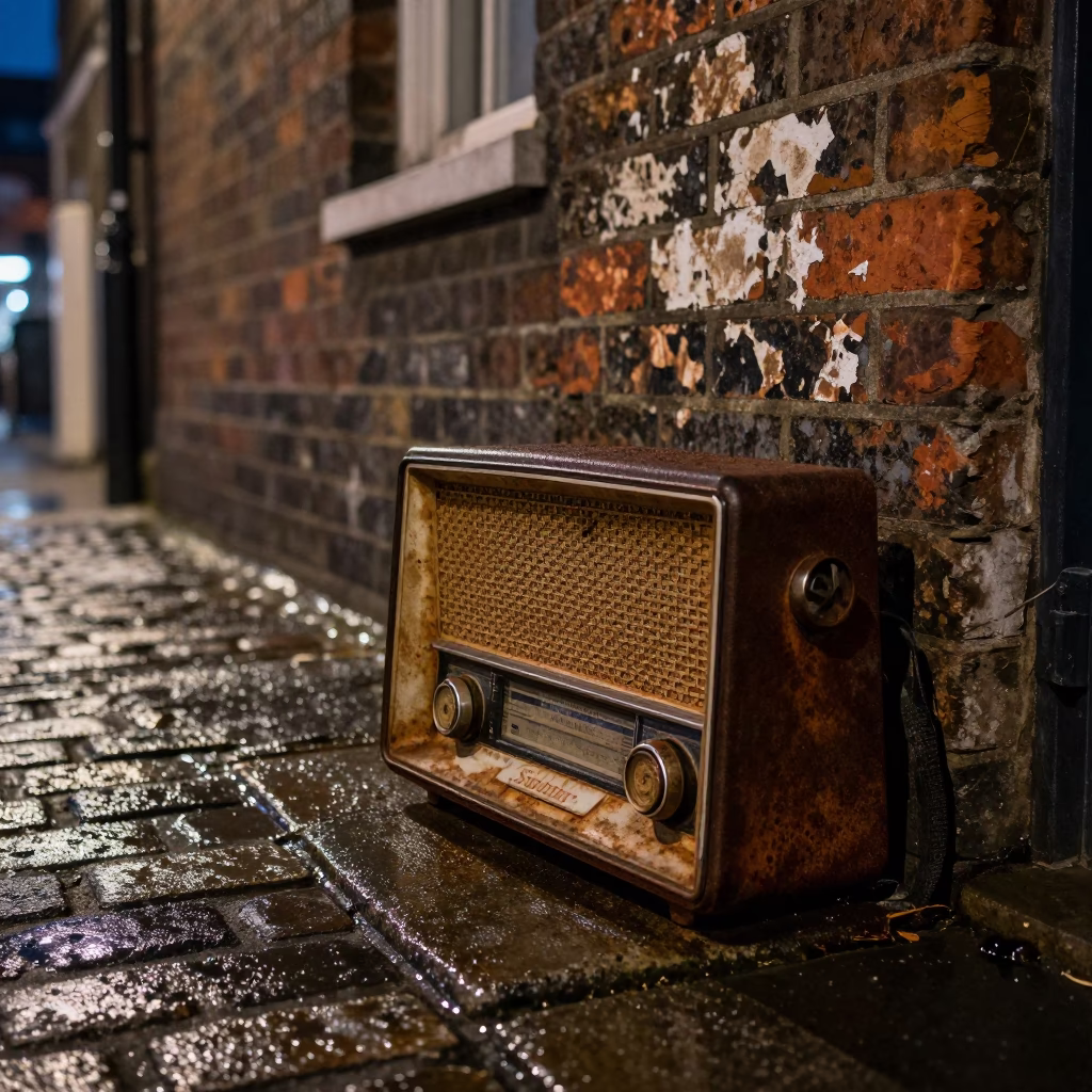 Midnight London Street Scene with Vintage Radio and Rusty Hinge Details in in London, United Kingdom