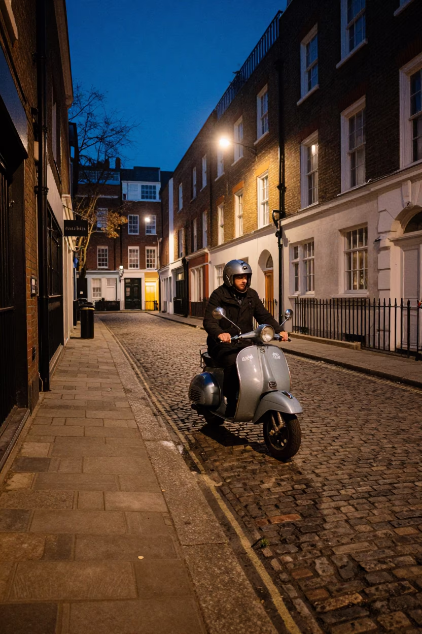 Midnight London Street Scene with Vintage Scooter and Cobblestone Alleyway in in London, United Kingdom
