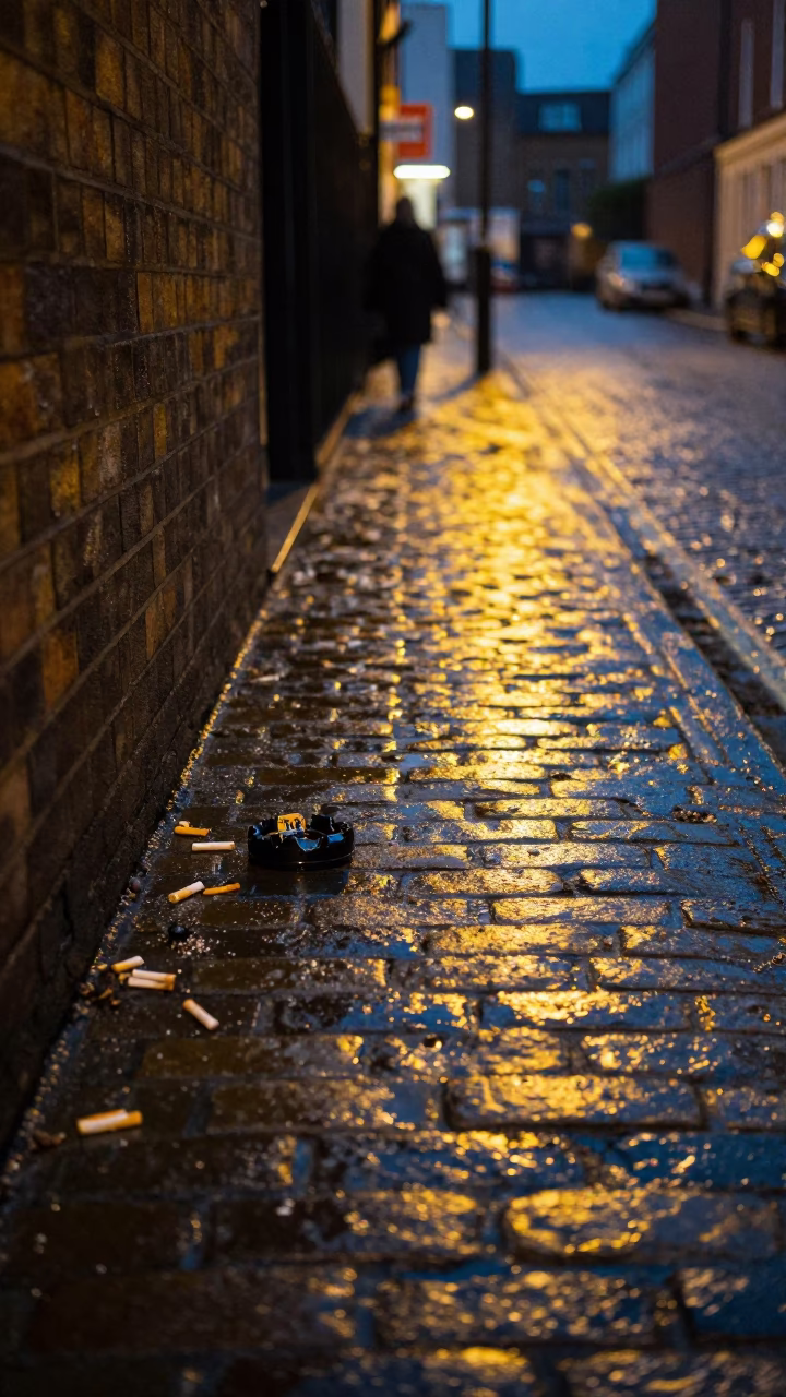 Midnight London Street Scene with Wet Pavement and Urban Detritus in in London, United Kingdom