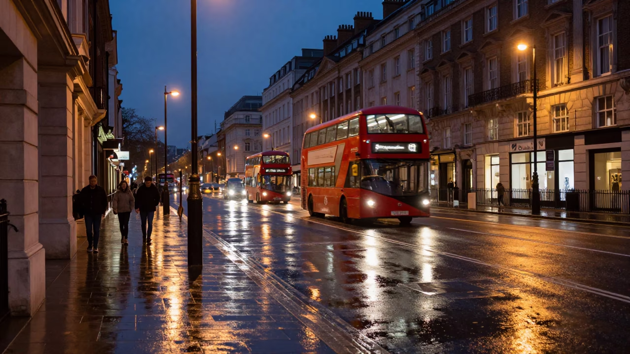 Midnight London Street Scene with Wet Pavement Reflections and Urban Infrastructure in in London, United Kingdom