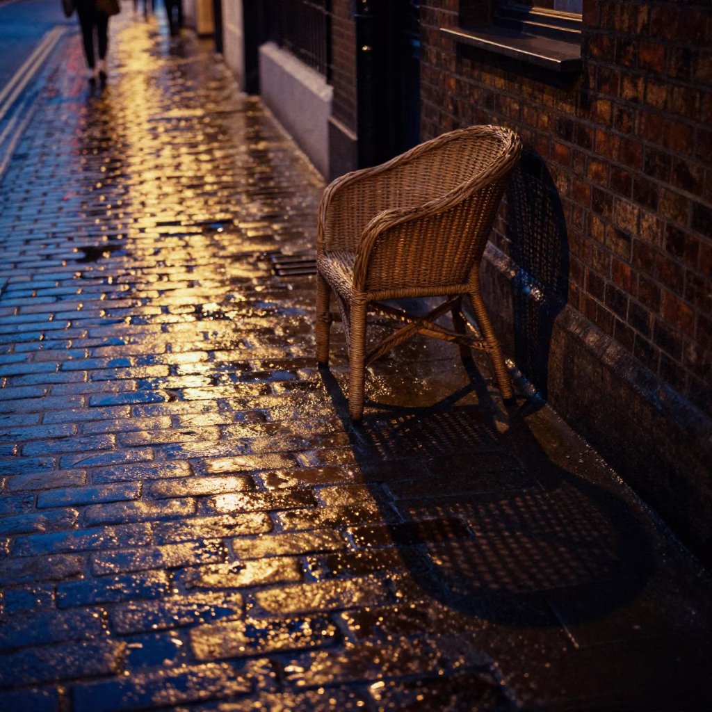 Midnight London Street Scene with Wicker Shadow and Blue Floral Porcelain in in London, United Kingdom