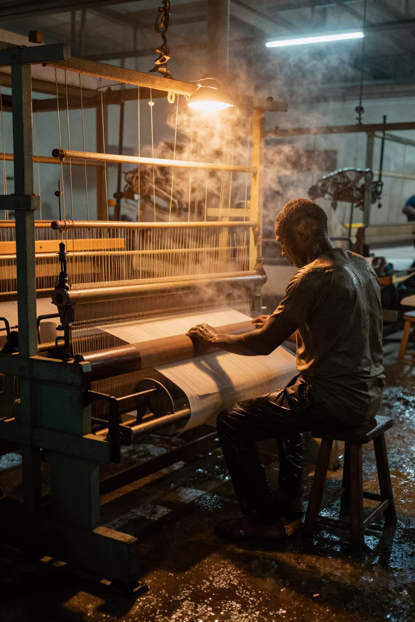 Midnight Loom Threader in Kasama Factory in on a factory floor near Kasama