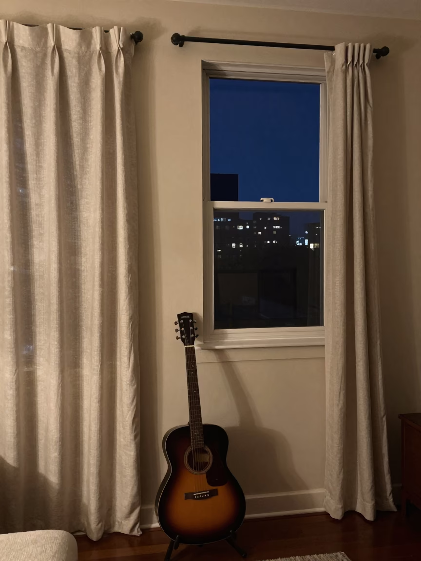 Midnight Los Angeles Apartment Interior with Guitar and Linen Curtains in in Los Angeles, California, United States