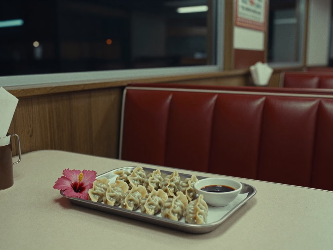 Midnight Los Angeles Diner Interior with Hibiscus and Gyoza Tray in in Los Angeles, California, United States