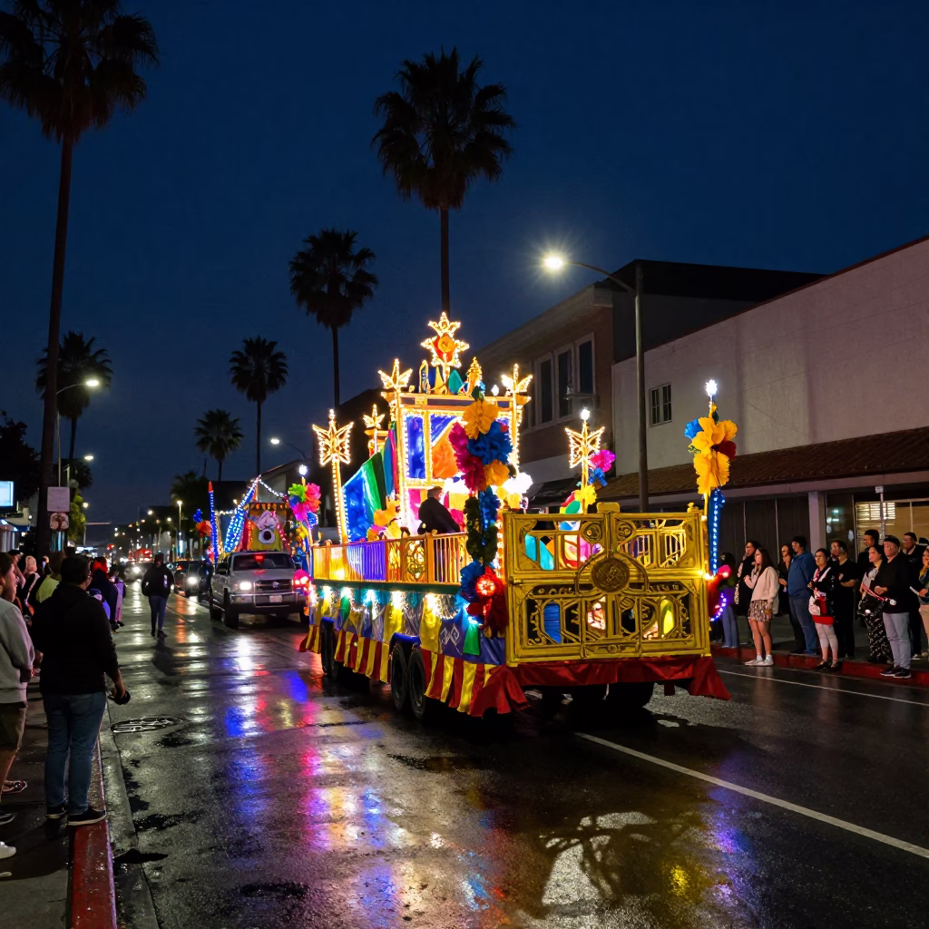 Midnight Los Angeles Street Scene with Colorful Processional Float and Night Traffic in in Los Angeles, California, United States