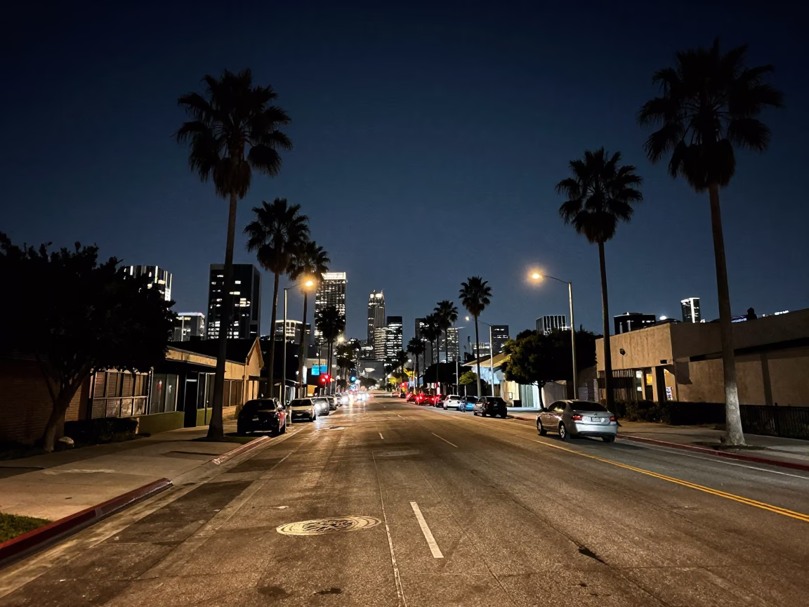 Midnight Los Angeles Street Scene with Grease Sheen and Urban Horizon in in Los Angeles, California, United States