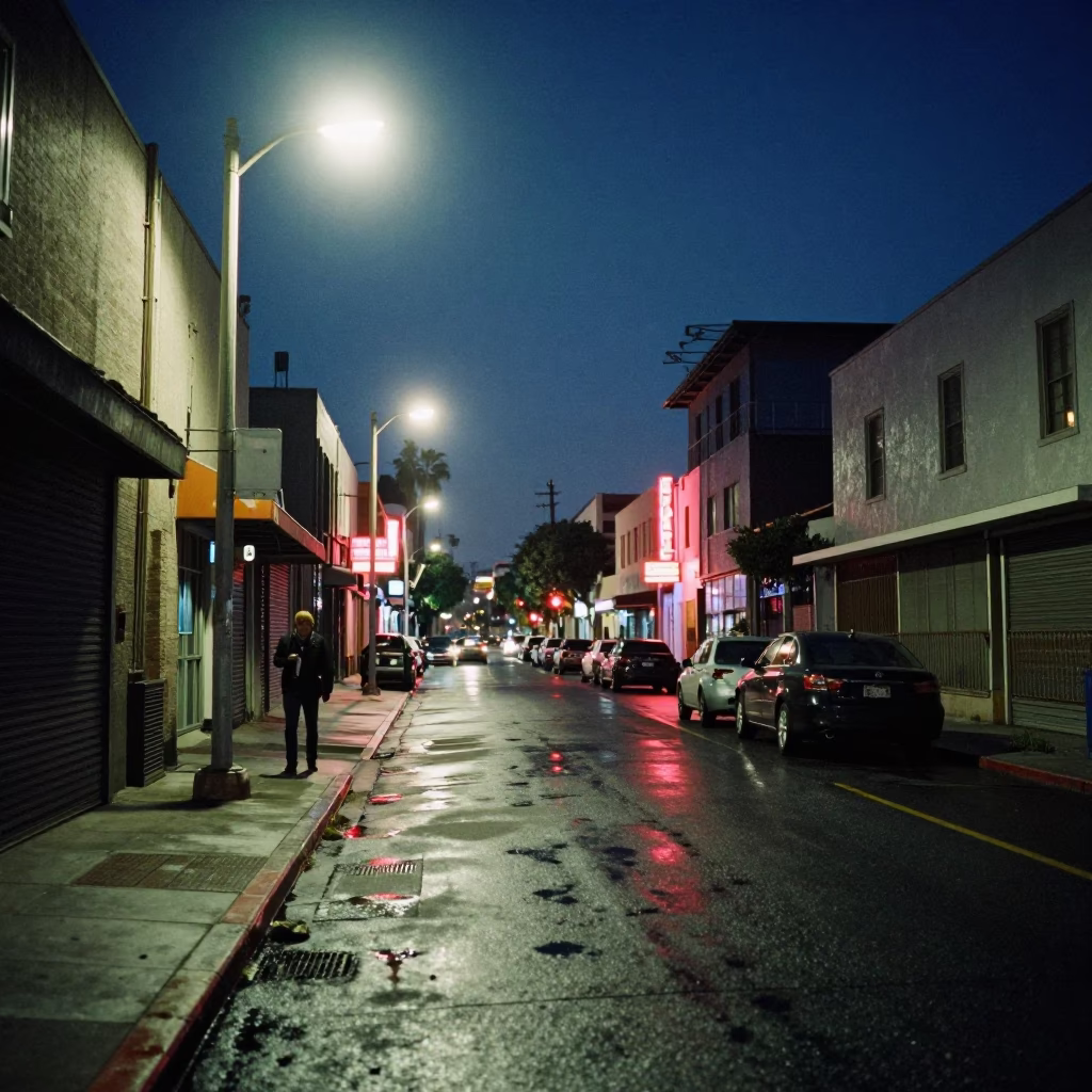 Midnight Los Angeles Street Scene with Neon Lights and Urban Details in in Los Angeles, California, United States